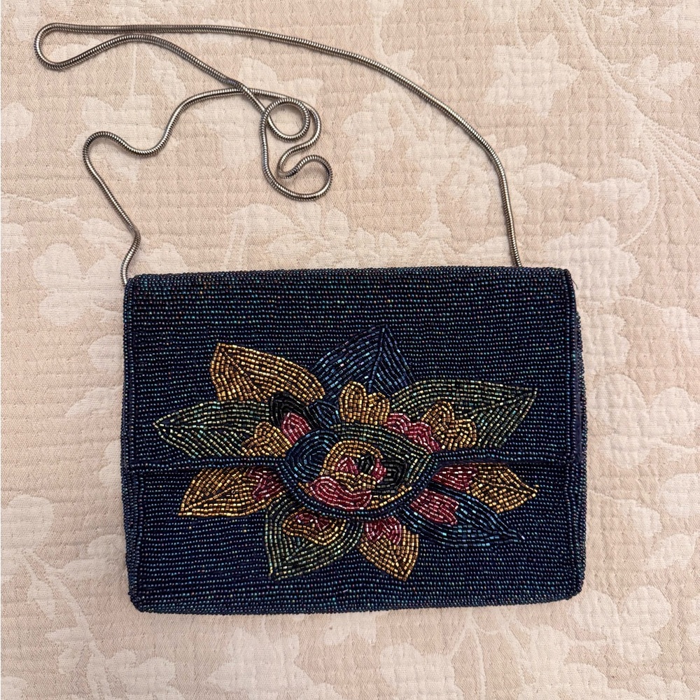 Navy Beaded Floral Clutch